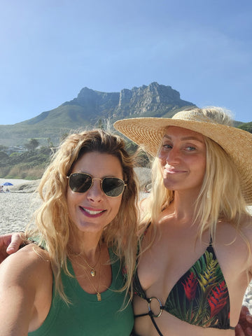 Cara Saven and Joanna Hedley on location at Lundondo beach, Cape Town 