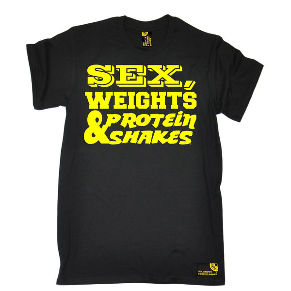 Sex Weights And Protein Shakes Mens Yellow Text Design Sex Weights