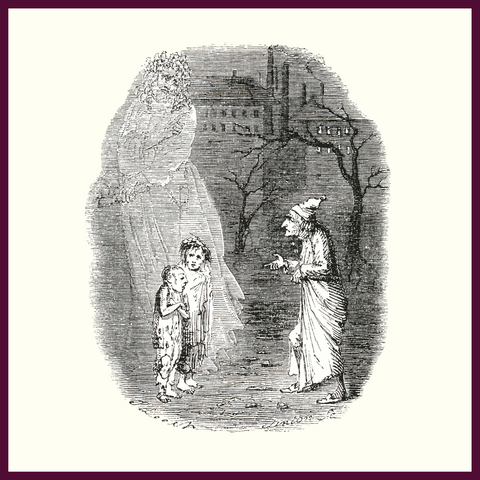 Scrooge is shown the children, Ignorance and Want, but the ghost of Christmas present.