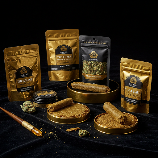 THCA hash products from top brands are elegantly arranged on black velvet with gold accents, reflecting under studio lighting.