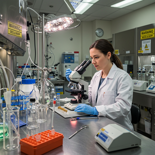A scientist in a pristine lab examining a THCA hash sample under a microscope, surrounded by sterile equipment and warning labels, highlighting safety.