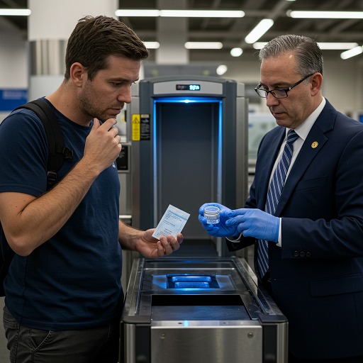 A traveler at an airport checkpoint holds a THCA hash COA as a TSA agent scans a sealed hemp product container.
