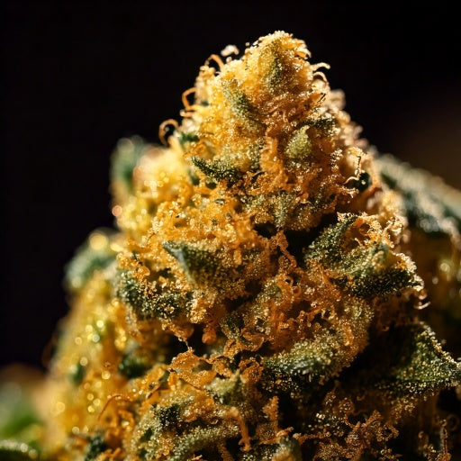 A close-up of a cannabis flower dusted in golden kief, highlighting its trichomes and rich texture.