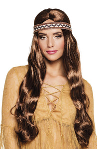 Ladies Hippie Wig Indian Long Brown Fancy Dress 60s 70s Costume