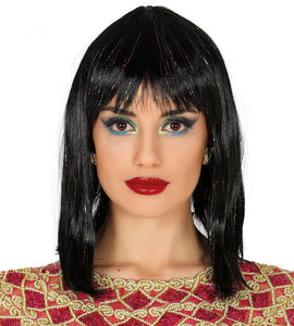 Black Shoulder Length Wig Egyptian Bob Style Sparkle Ladies Fancy Dress Hair New