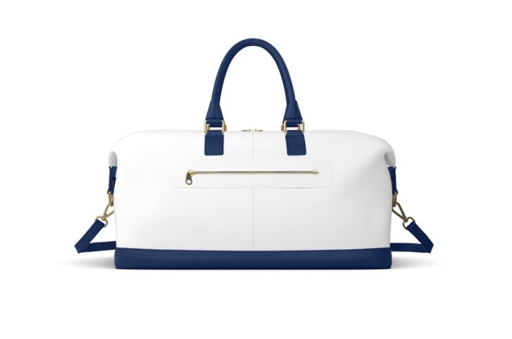 navy and white tote bag