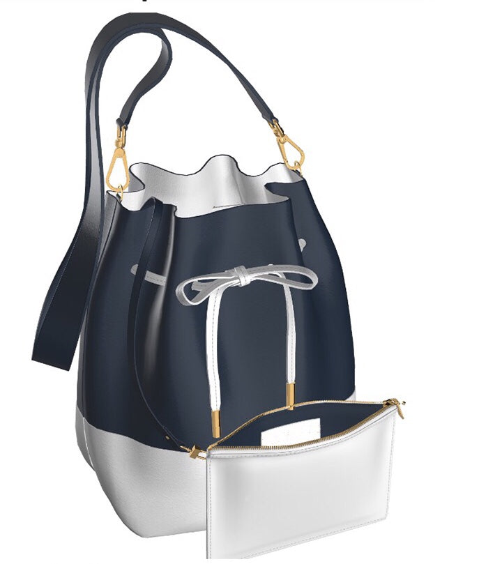 navy blue bucket bag