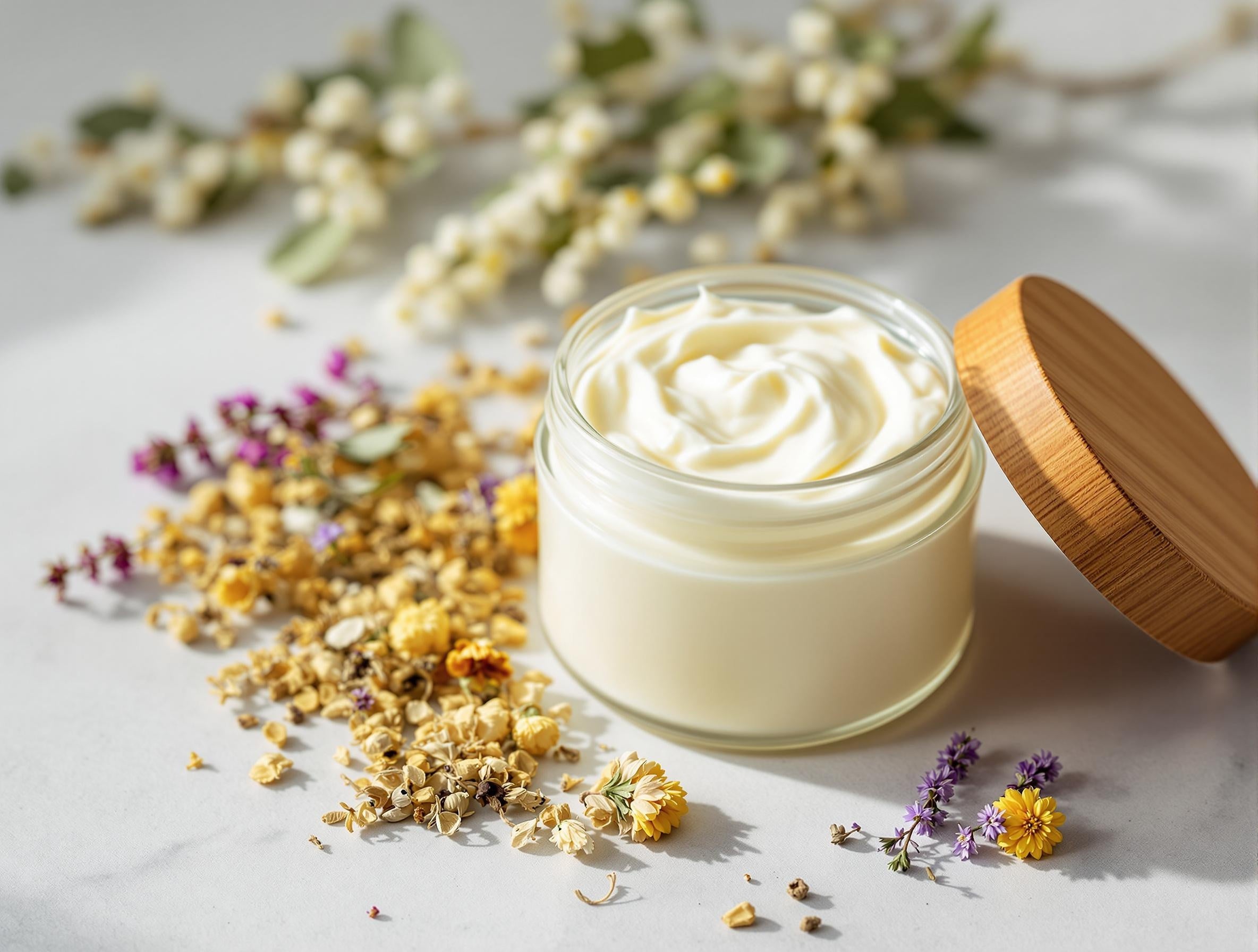 Handcrafted whipped tallow body butter by Thistle and Herb, a Mississippi artisan brand, featuring creamy texture in a glass jar with wooden lid, surrounded by dried herbs and flowers, premium natural skincare product available at Main Street Collective