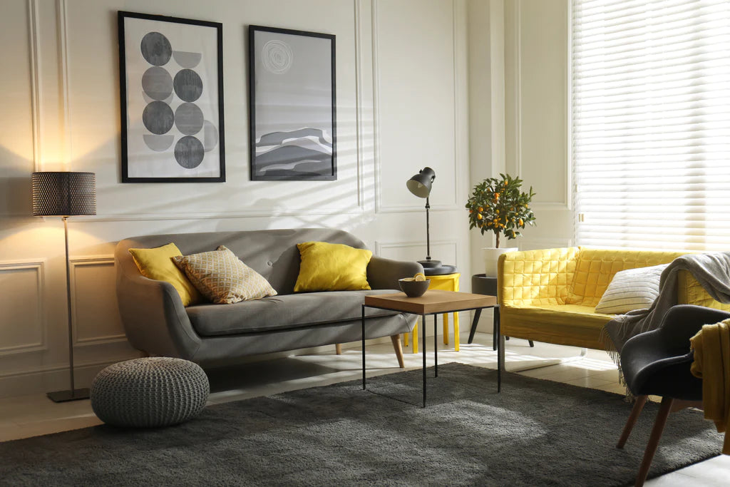 A cozy living room with a standing lamp and matching lampshade