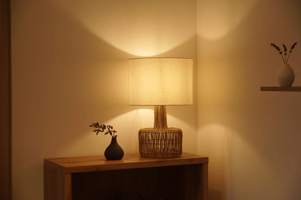 A wooden book shelf with an elegant lamp and matching lampshade sitting on top