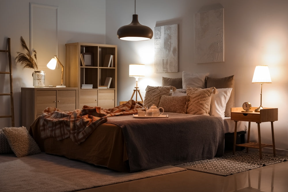 A classy bedroom with wood accents and several lighting elements, with multiple lamps and a chandelier