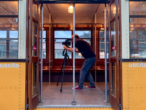 Richard Heeps photographing a tram in Milan with his Mamiya RB67.