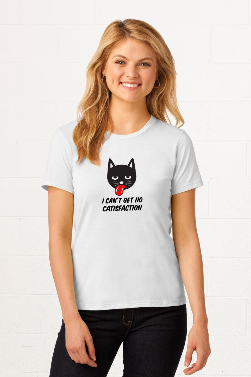 White T-shirt with a black cat face sticking its tongue out. Underneath ...