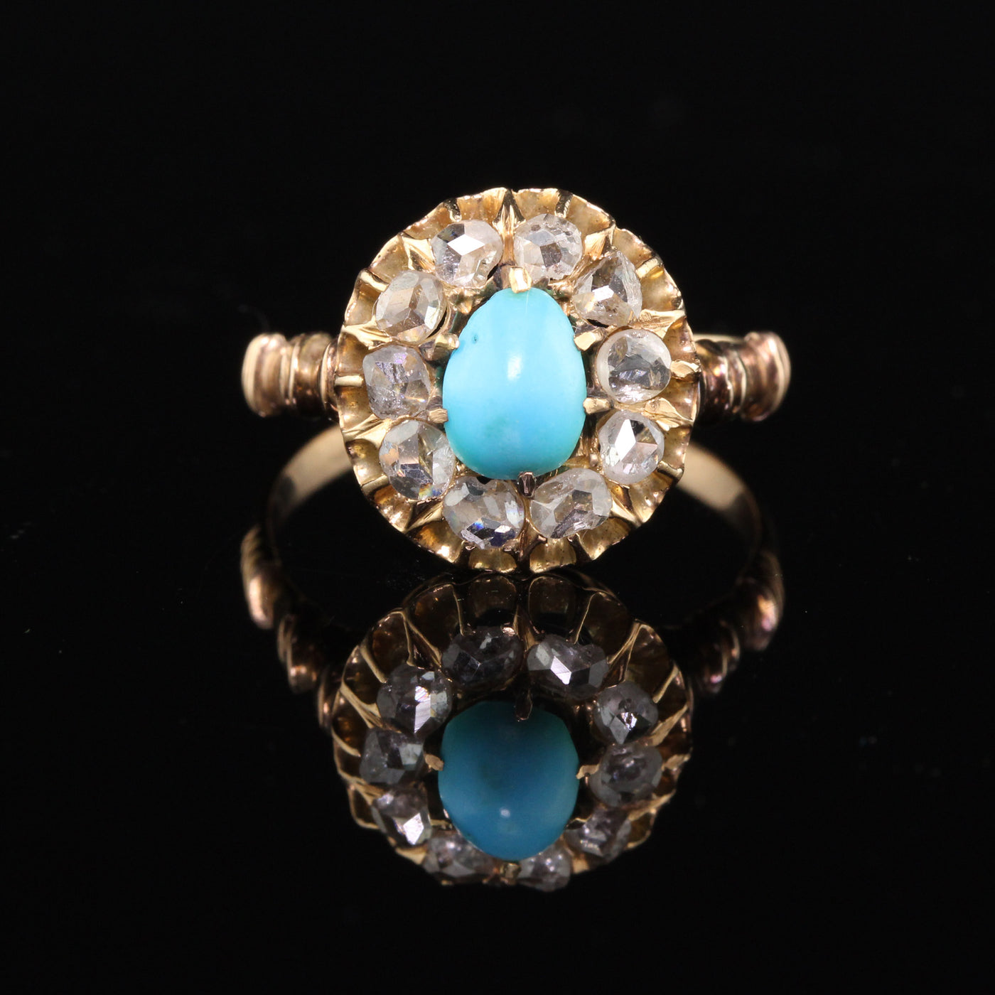 Antique Victorian 14K Yellow Gold Turquoise & Diamond Cluster Ring ...