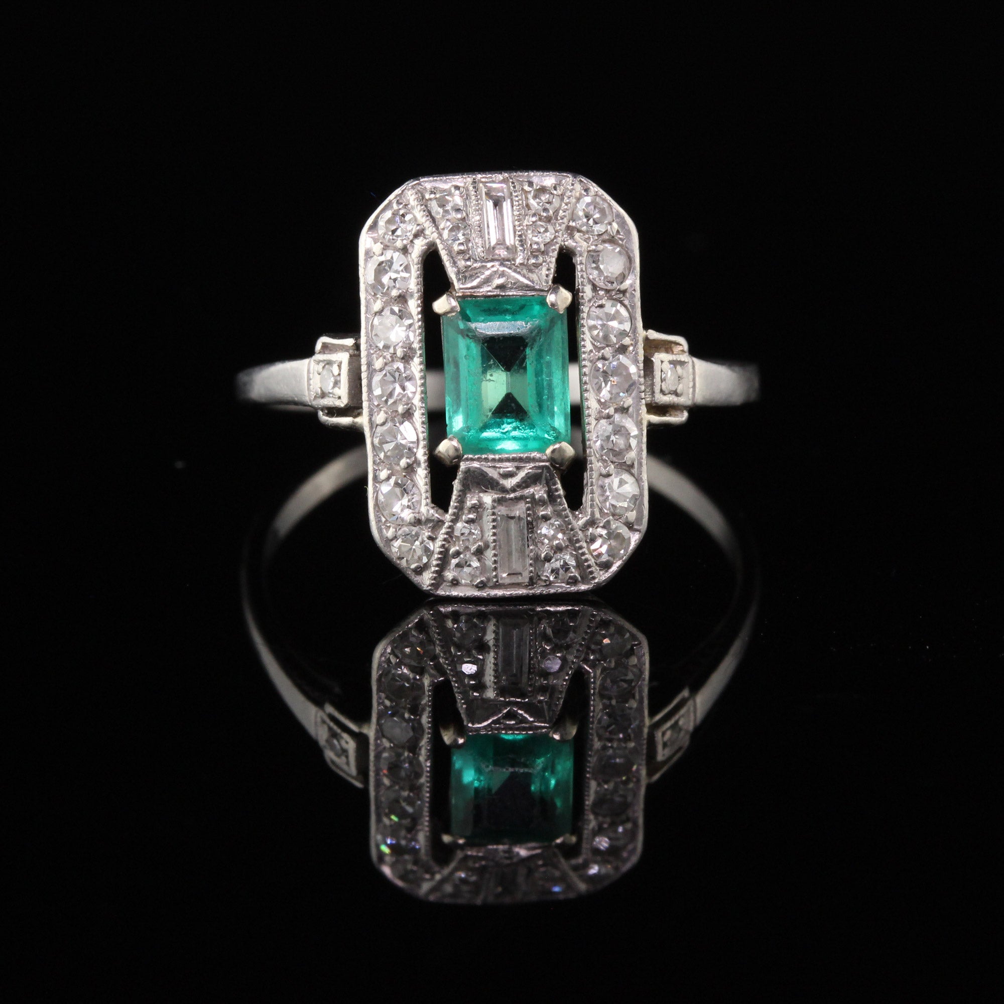 RESERVED Antique Art Deco Platinum Emerald & Diamond Dinner Ring layaw