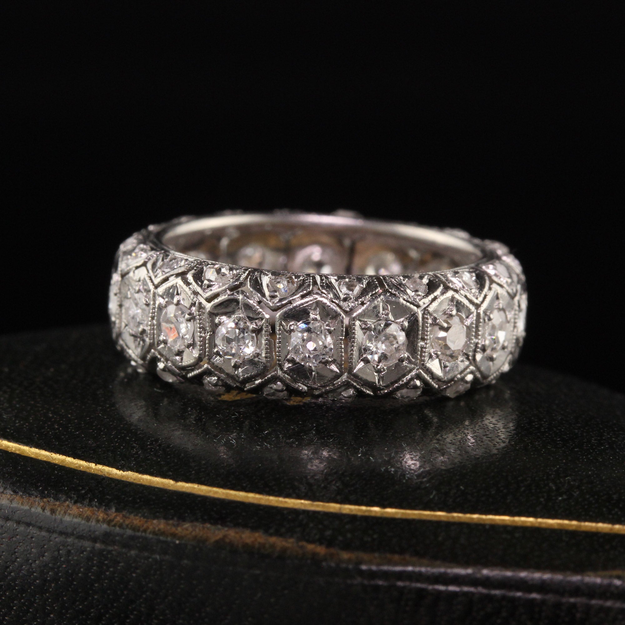 Antique Art Deco Platinum Old Euro and Rose Cut Three Row Eternity Ban ...