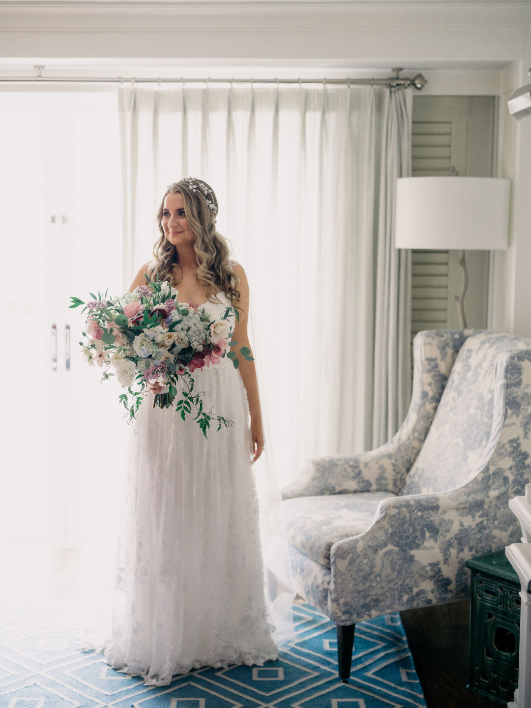 Bride in Custom Anais Wedding Dress designed by Claire Pettibone