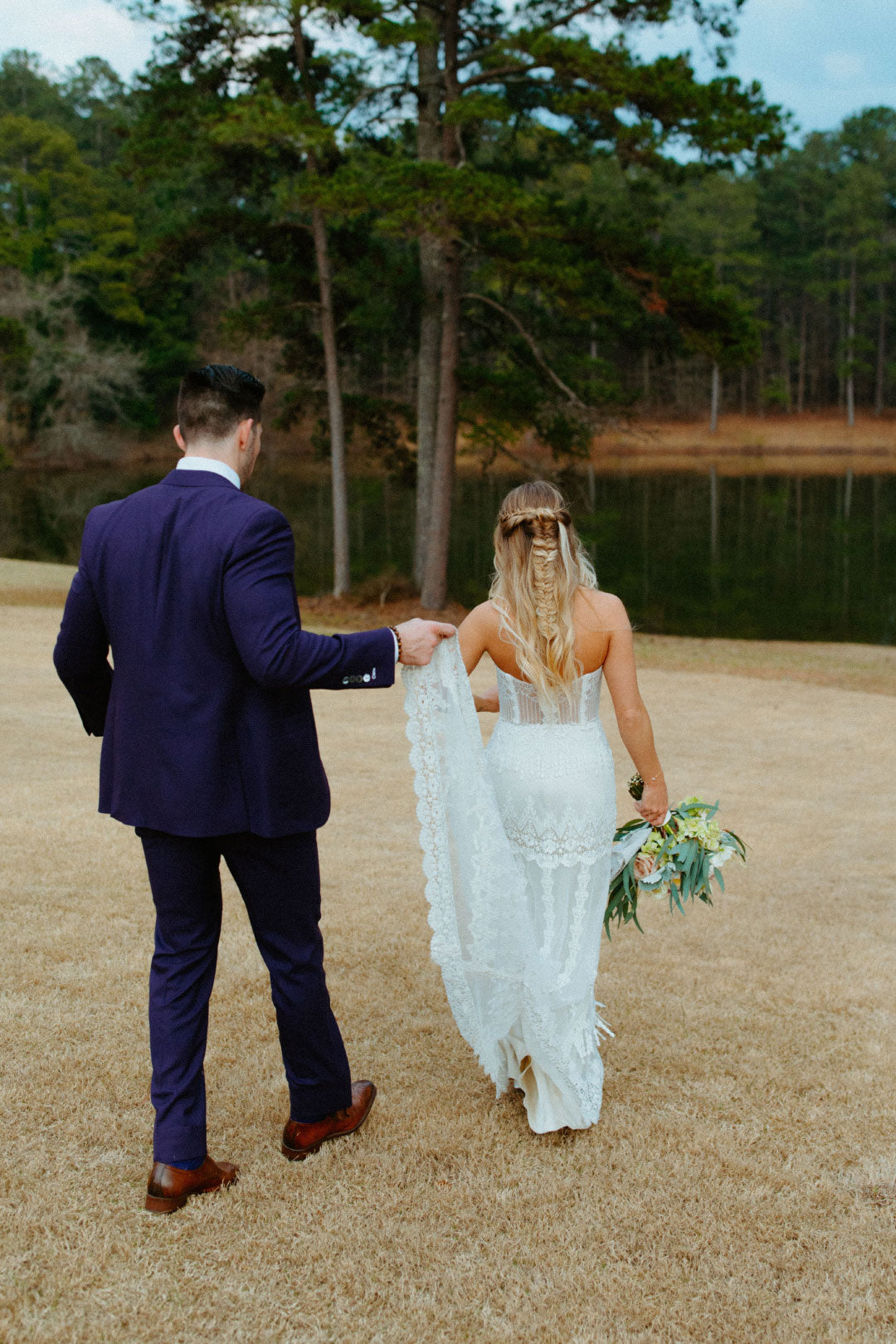 Bride and groom walking for photos