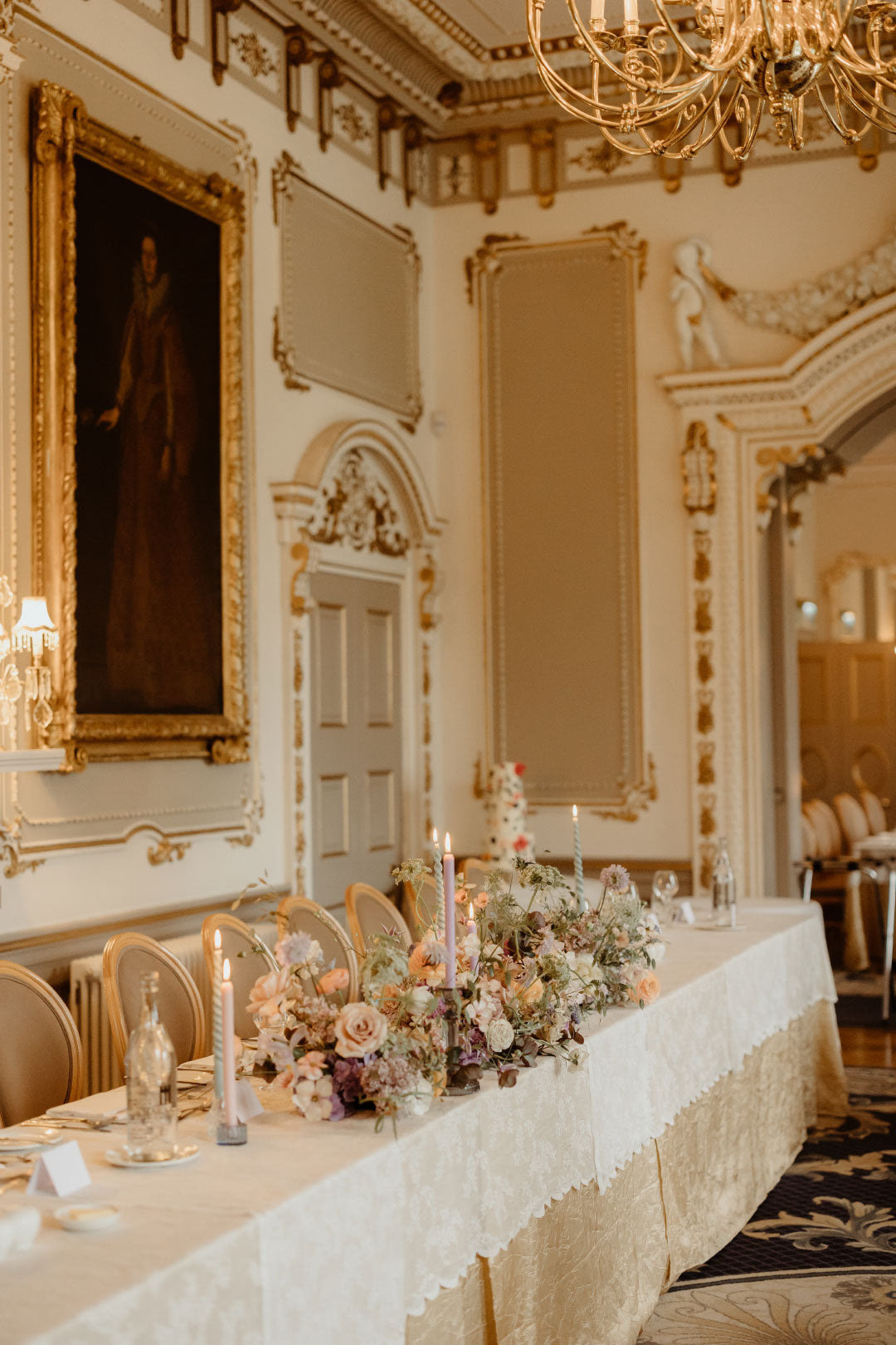 Wedding dinner table with floral arrangements