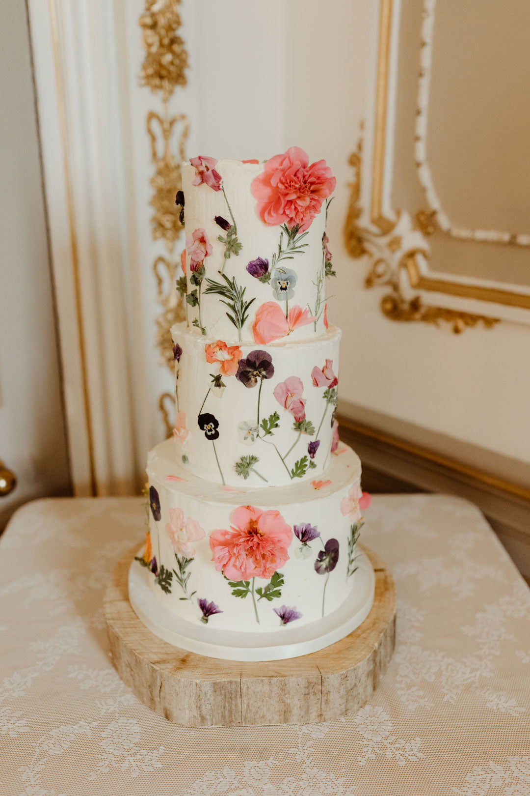 3 tier Wedding Cake with decorated with edible flowers