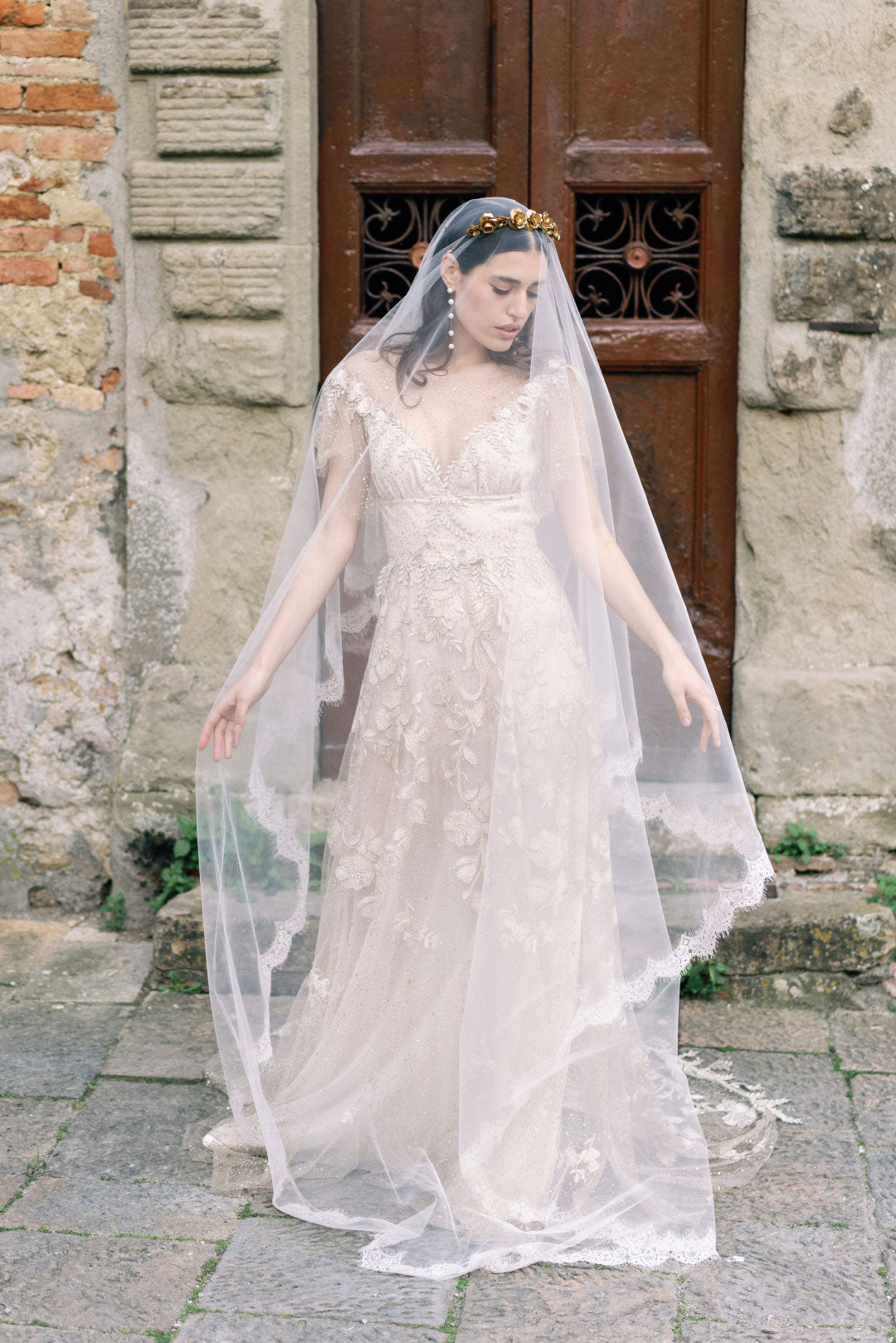 Bride in Soleil and Eloquence Veil by Claire Pettibone