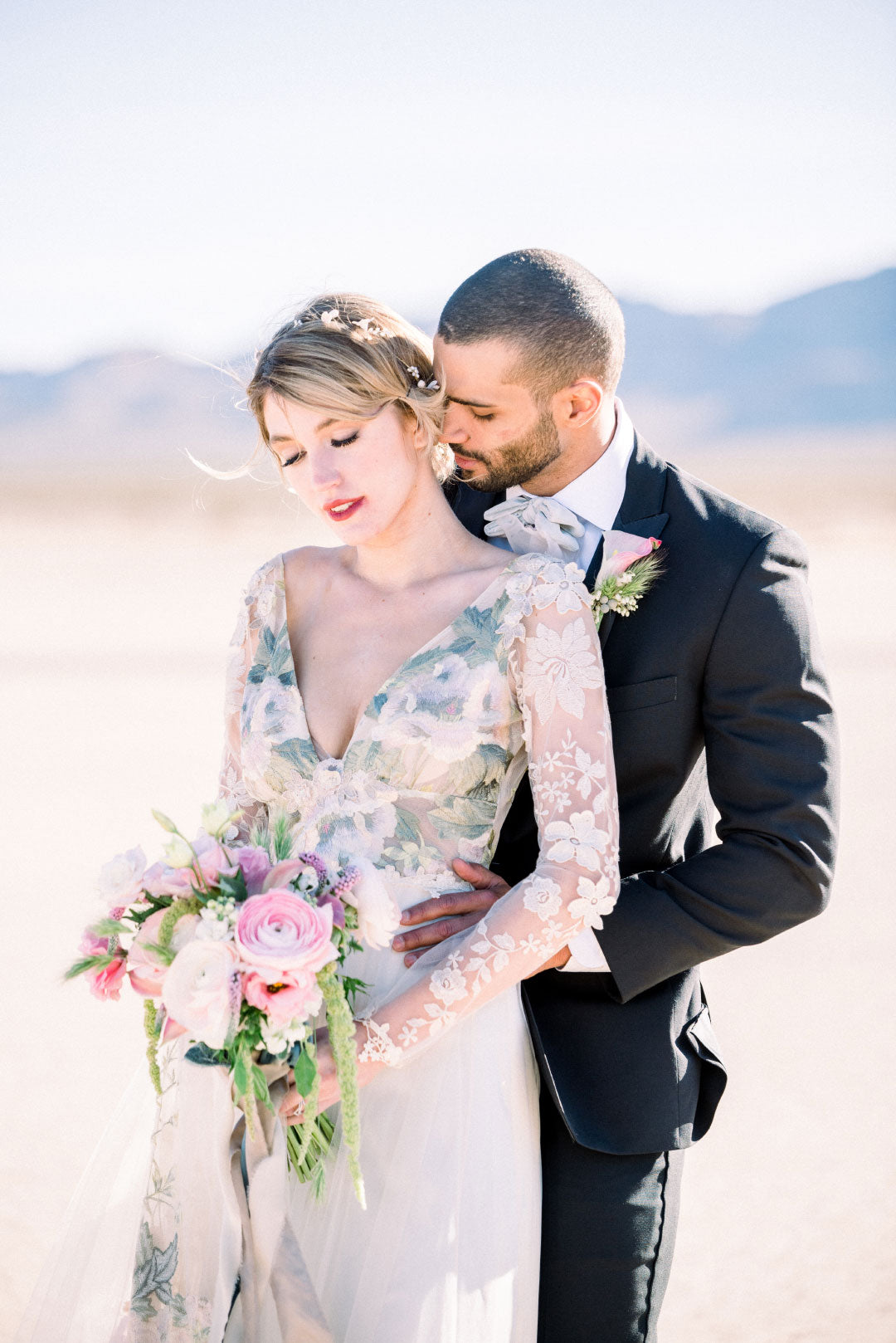 Primavera wedding dress Bride with Groom in Tuxedo on desert lake bed