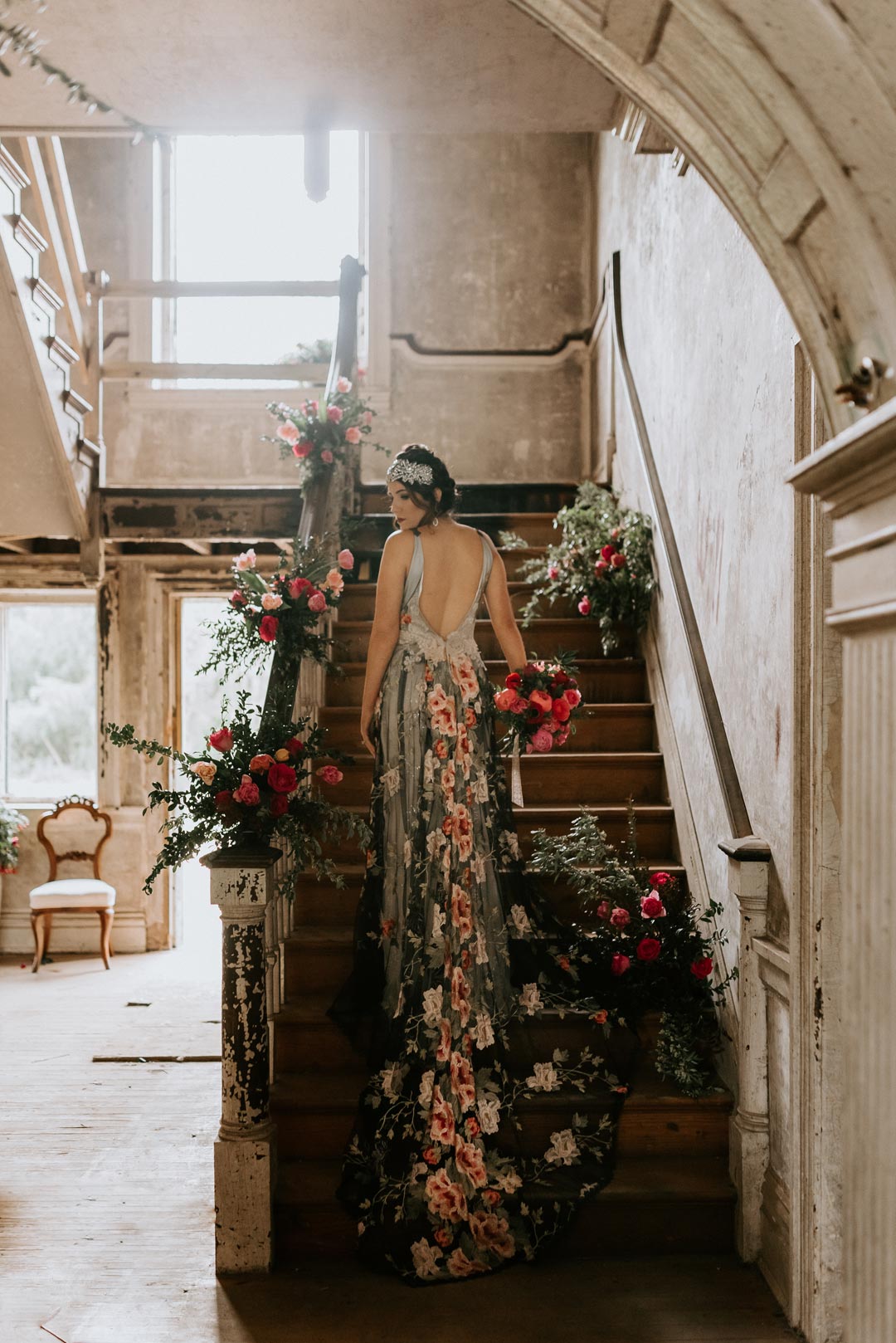 Floral Embroidered Black Wedding Dress