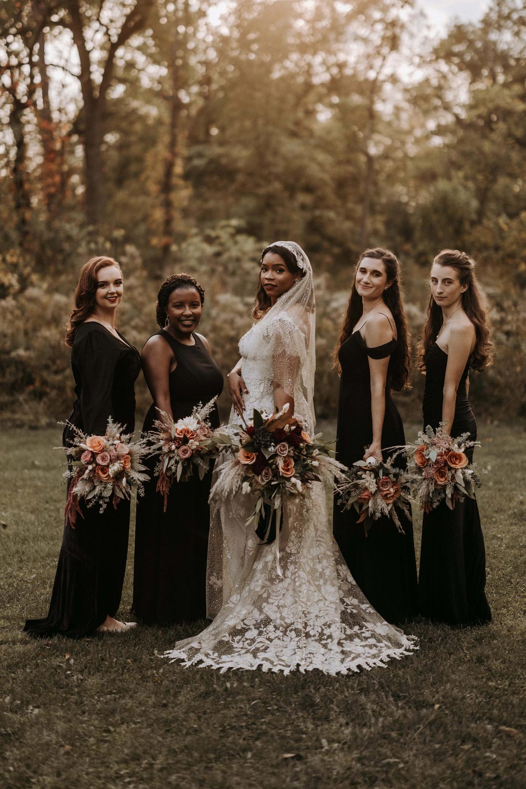 Bride in Soleil Sparkle Gold Wedding Dress with Bridesmaids