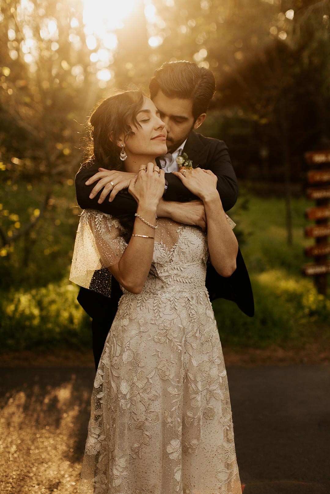 Bride and Groom wedding portrait Bride wearing Soleil Wedding Dress