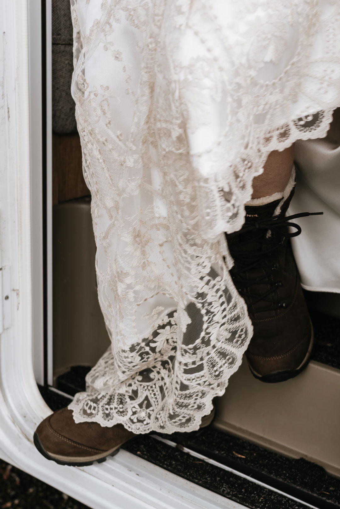 Hiking boots with Wedding Dress