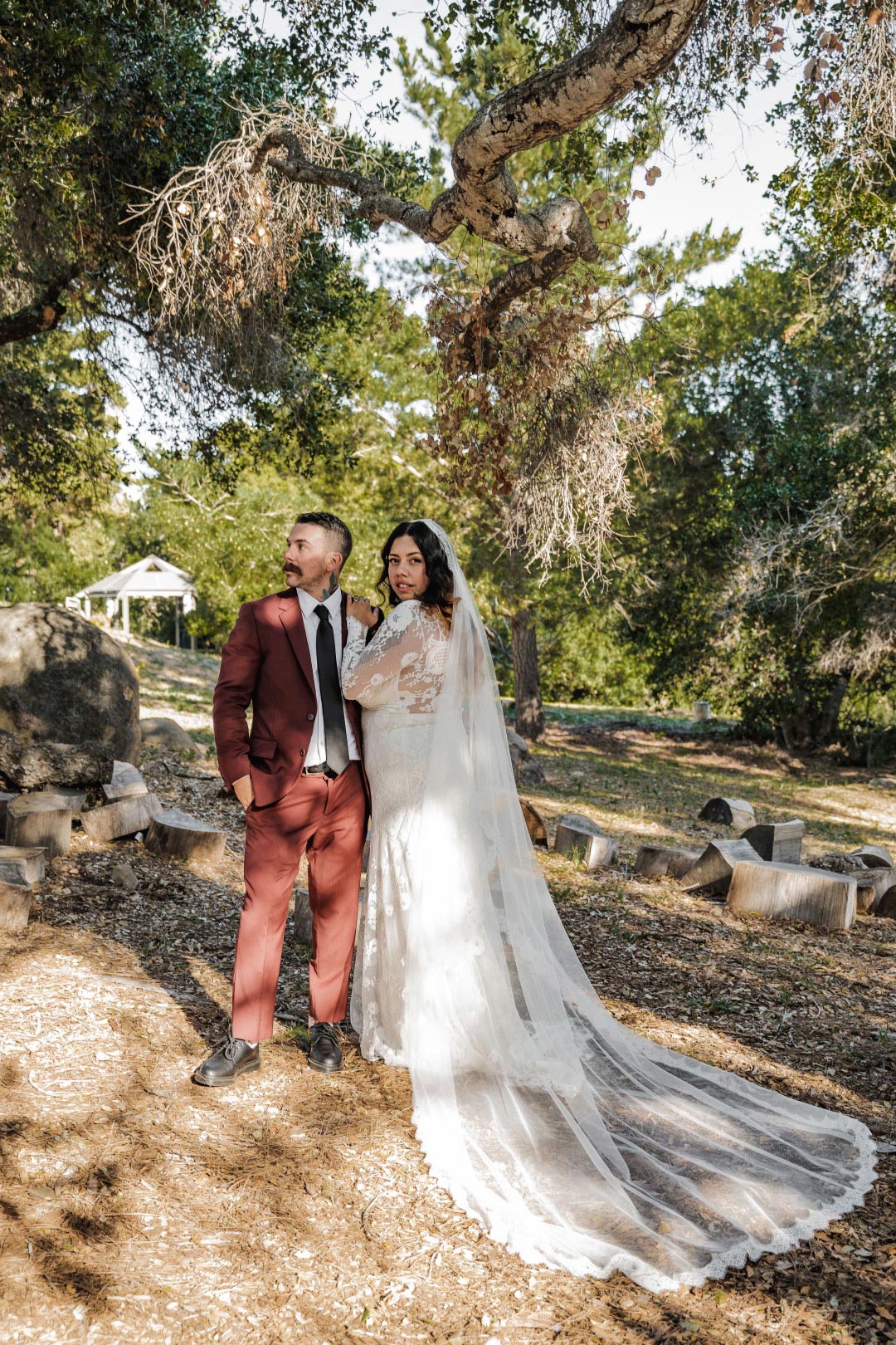 Bride and Groom in field by tree posing for wedding photo