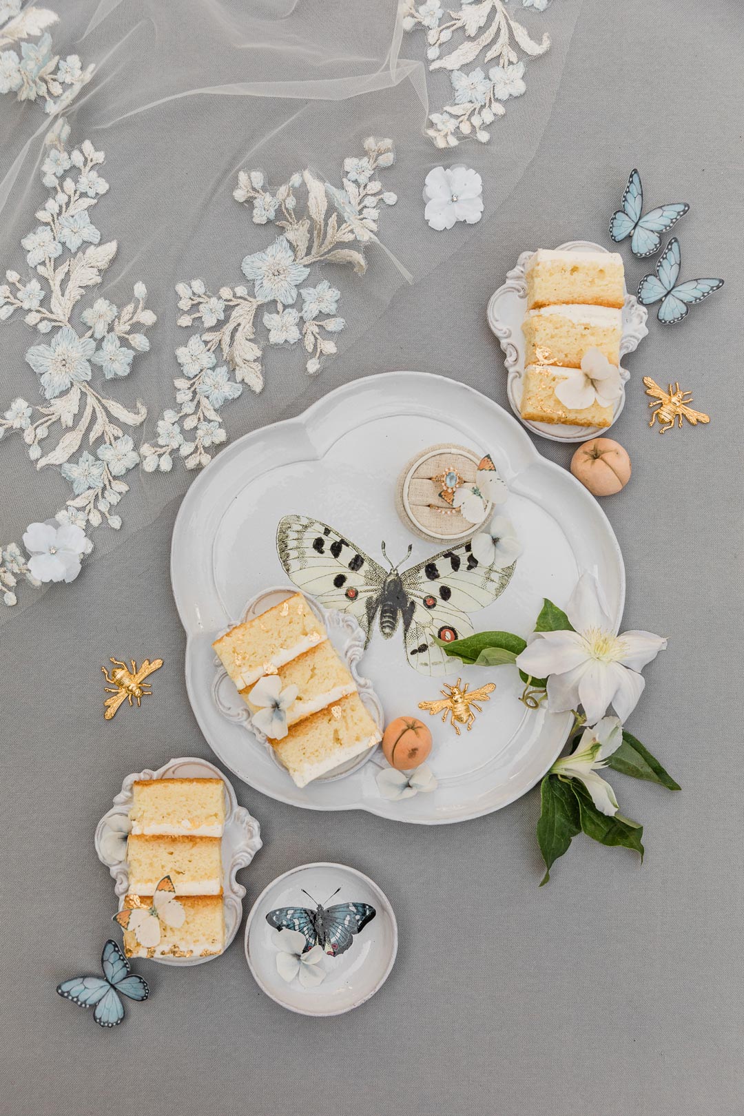 Wedding Cakea and Wedding Dress detail wedding photo flatlay