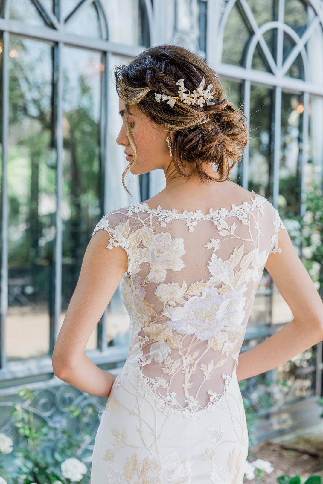 Cherry Blossum Wedding Dress back embroidery detail and Bridal Hair Accessory Claire Pettibone