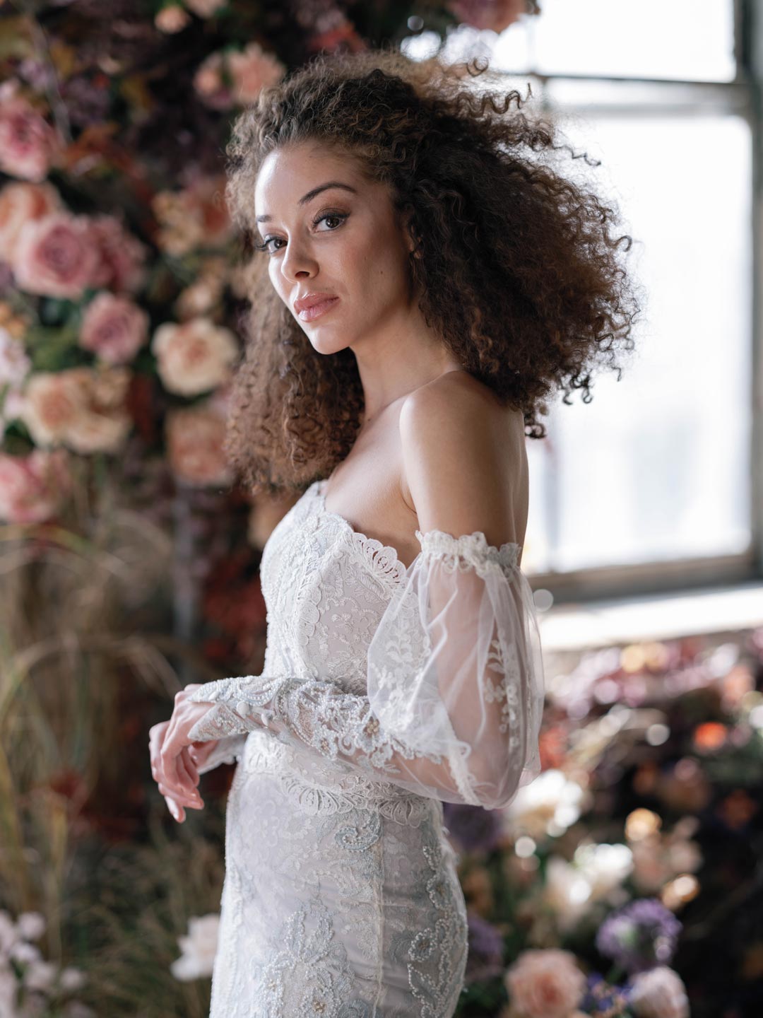 Aquamarine off-shoulder wedding dress Claire Pettibone Adorned Collection