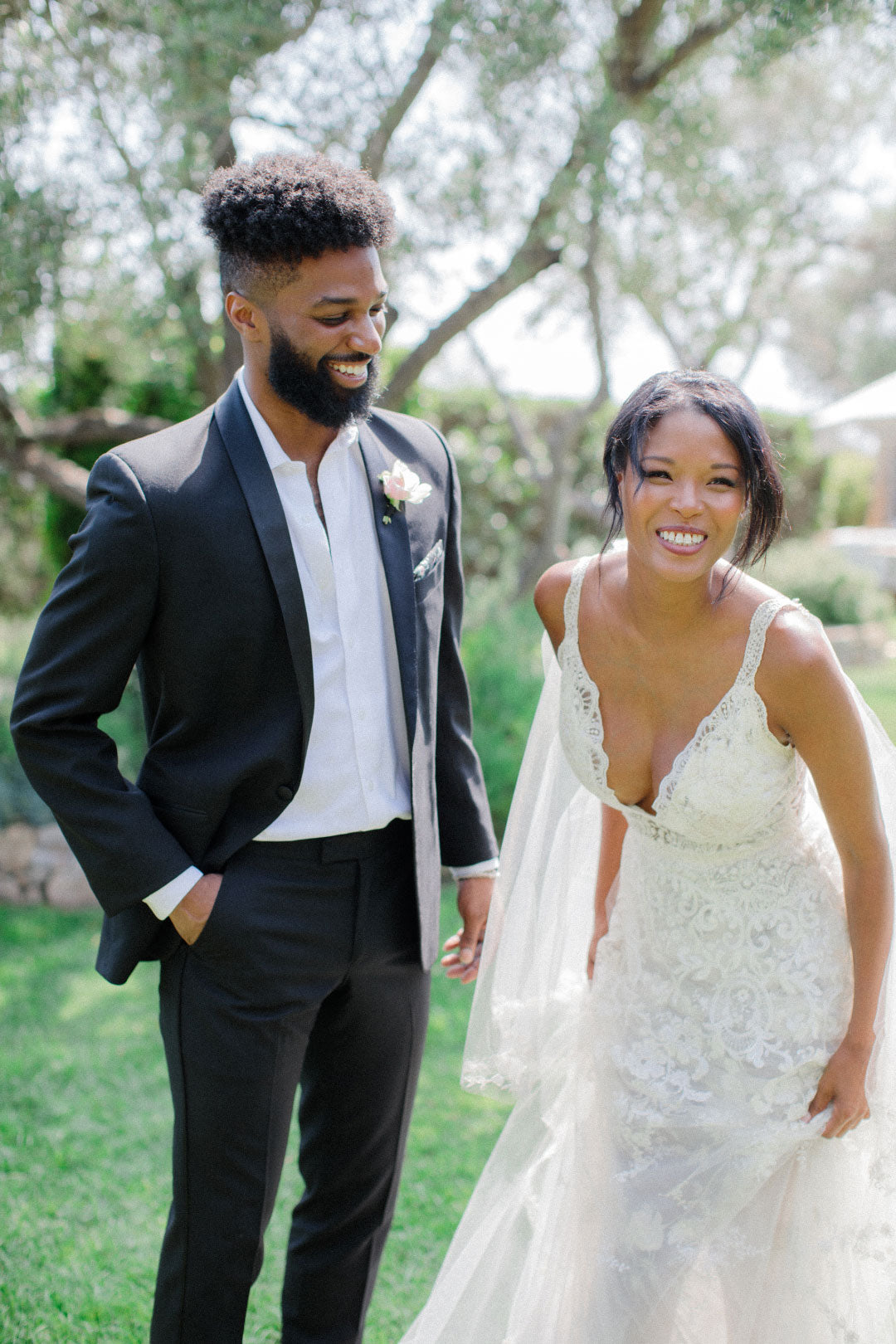 Bridal Couple Laugh Bride in Moonlight Rose by Claire Pettibone