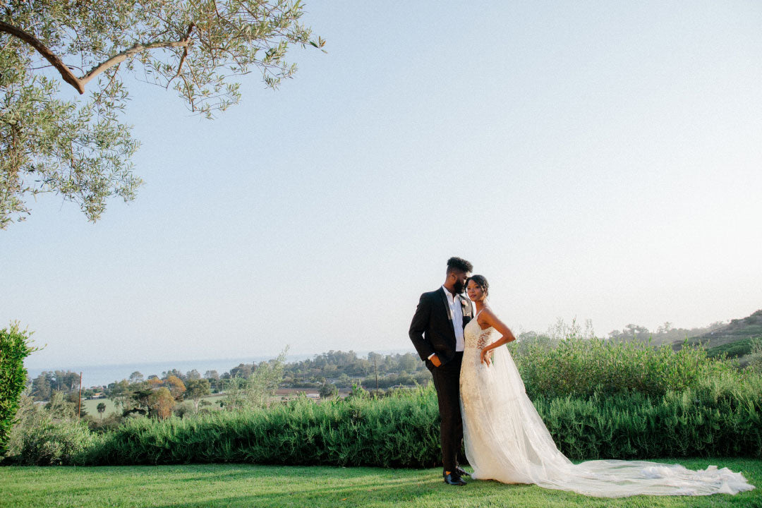 Bride and groom with skyline in background