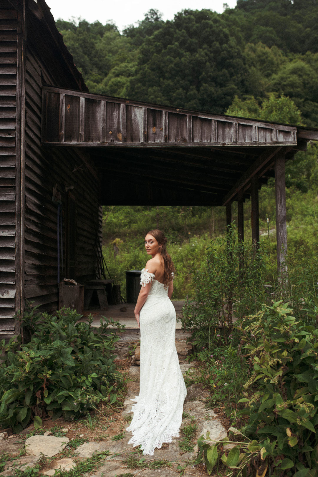 Bride in Bordeaux Wedding Dress