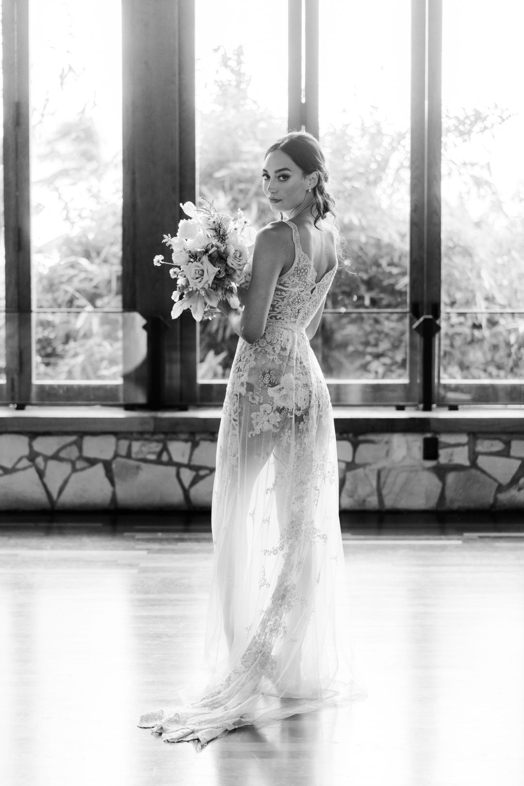 Black and white photo bride in Desert Rose Wedding dress 