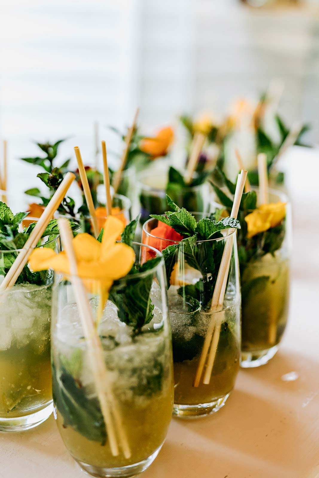 Wedding drinks for the party with floral decorations