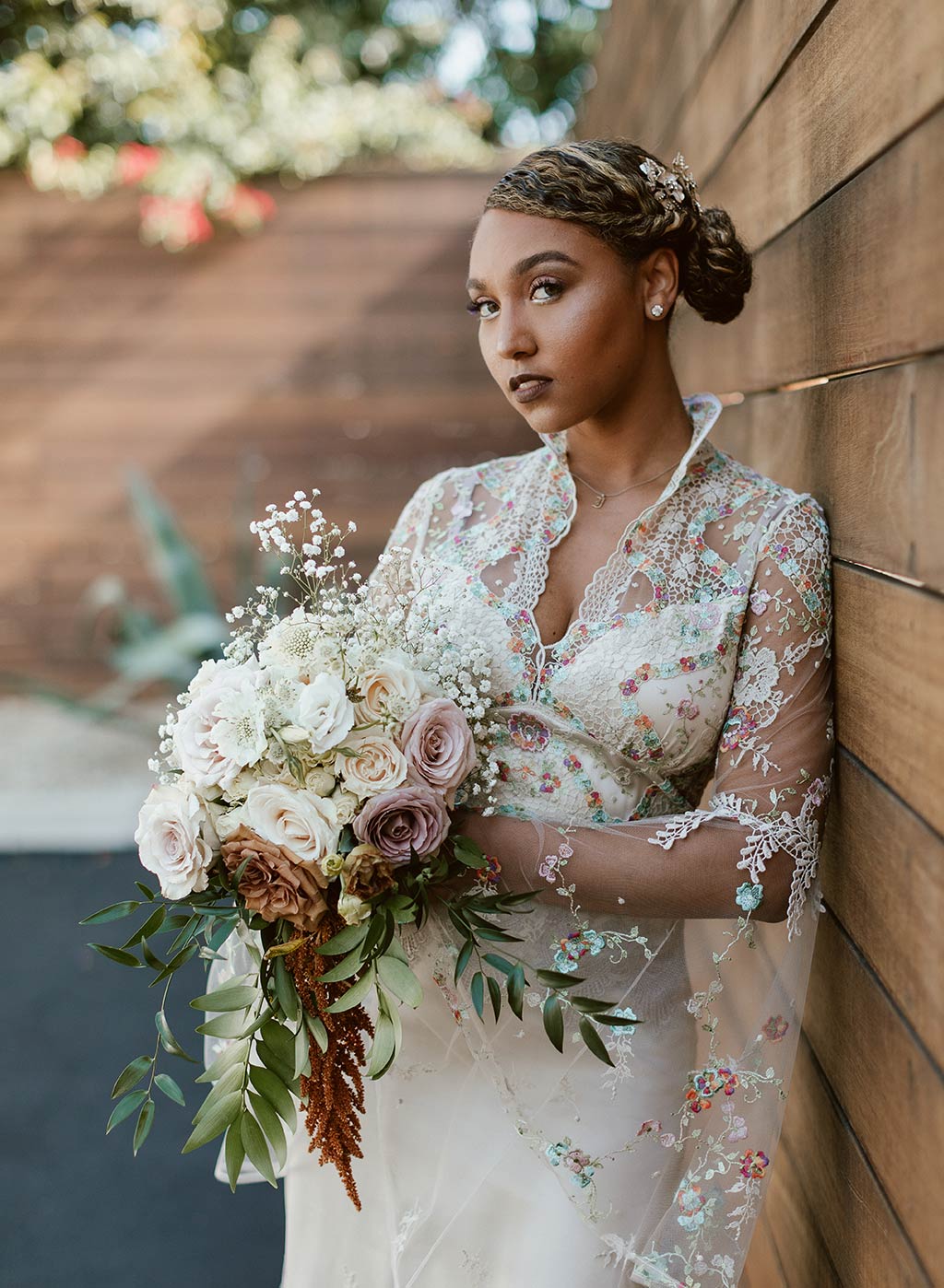 Bride with Flower Bouquet Vida Wedding Dress