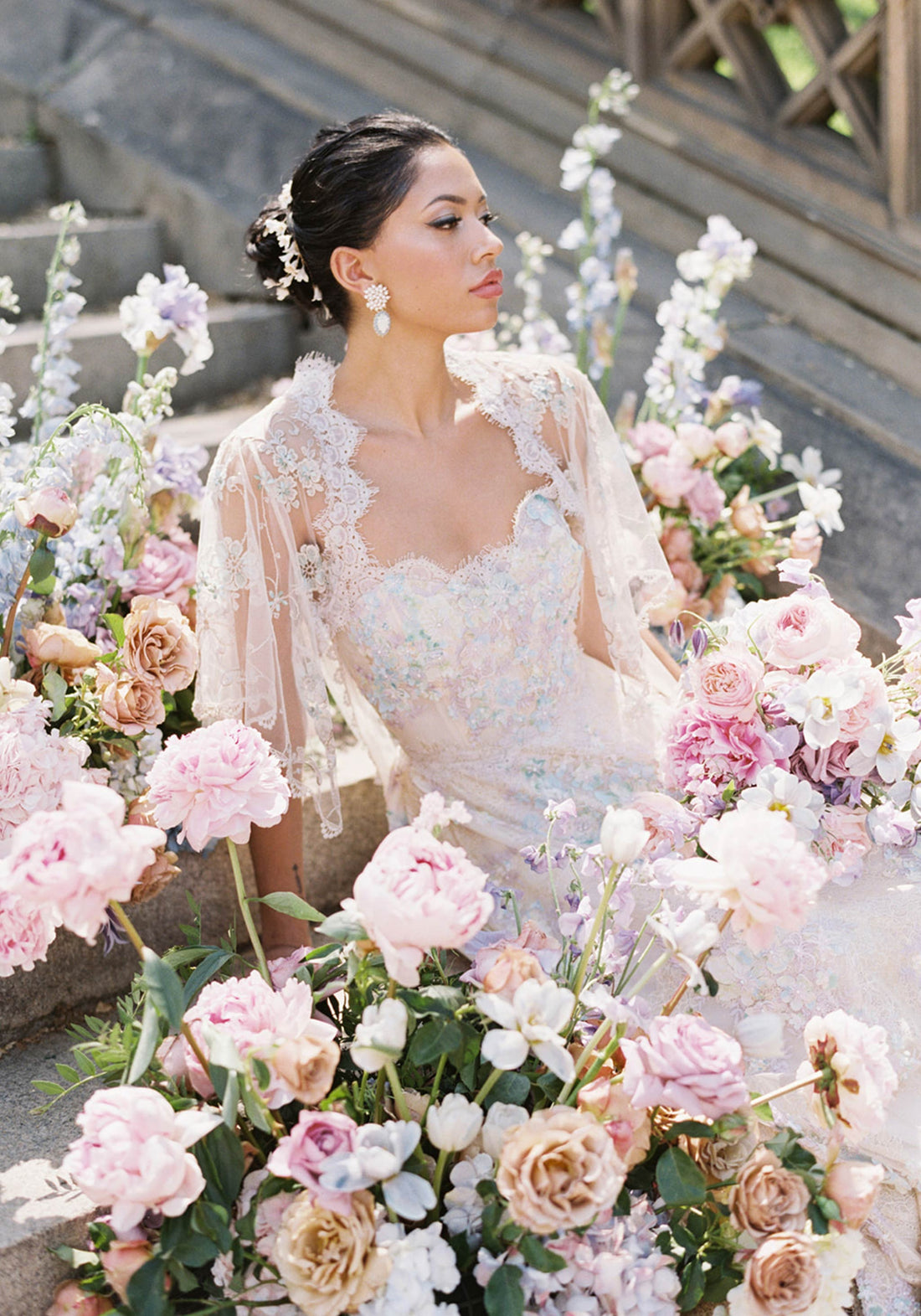 Claire Pettibone Accessories Primavera Embroidered Floral Veil | Scalloped Lace | Claire Pettibone Blush/Sage / Classic Cathedral (100/254cm)