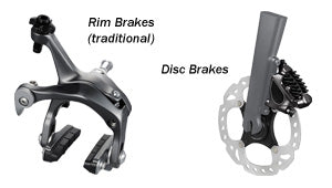 Road bicycle wheel braking types - rim and disc