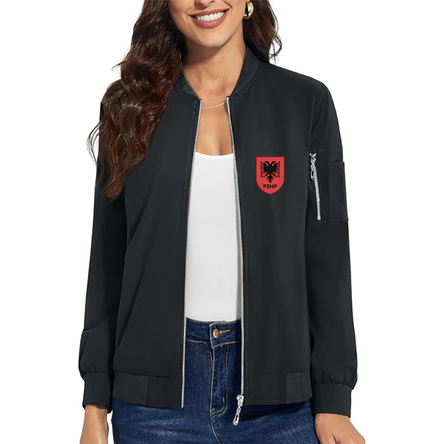 Women's Albania National Soccer Team - Premium Bomber Jacket with Polished Detailing and Functional Sleeve Pocket - Modern Luxury Outerwear