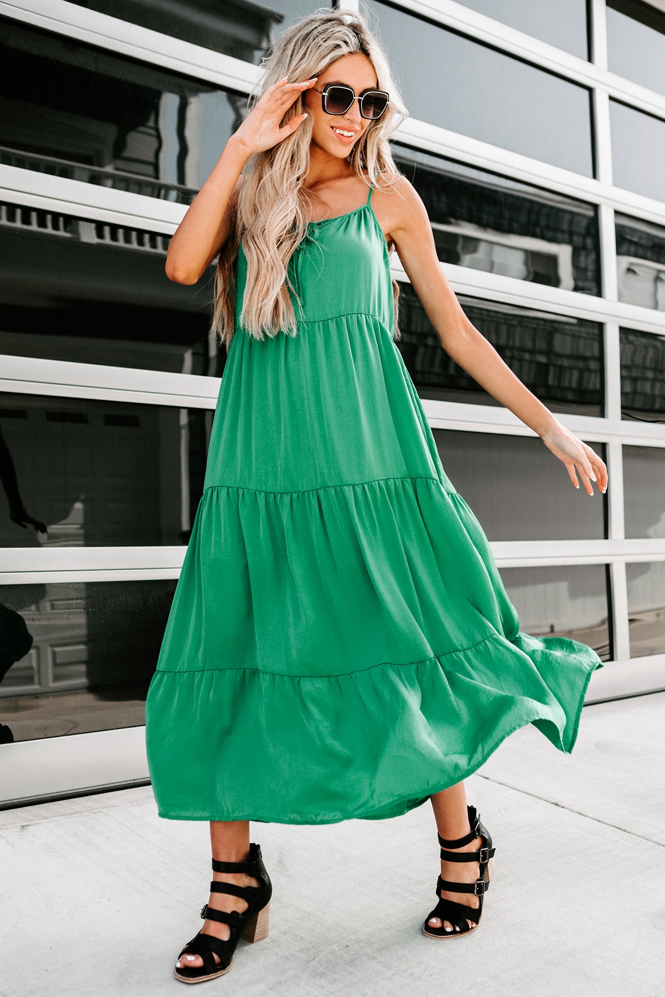 New Elevations Satin Tiered Midi Dress (Green) – NanaMacs