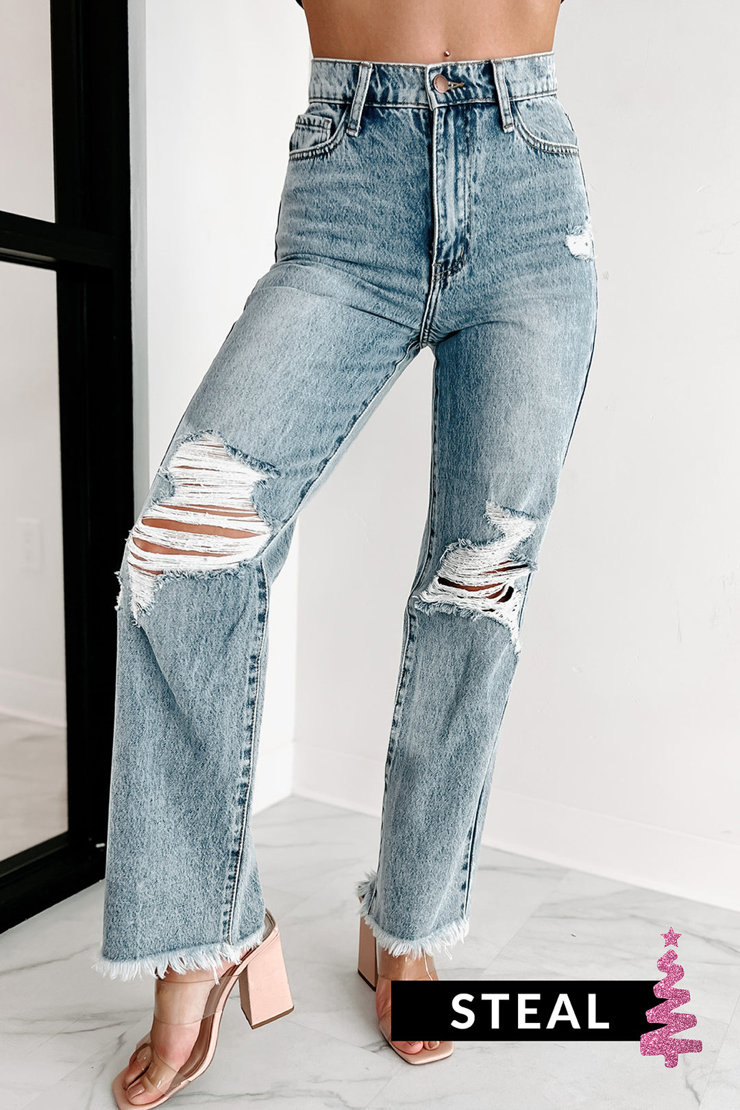 Holiday Steal- Get It Right 90's Wide Leg Distressed Jeans (Light ...