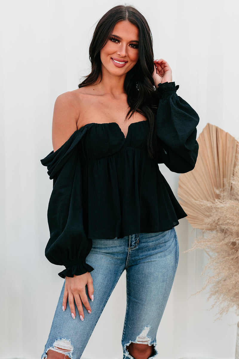 Kathryn Off The Shoulder Long Sleeve Top (Black) – NanaMacs