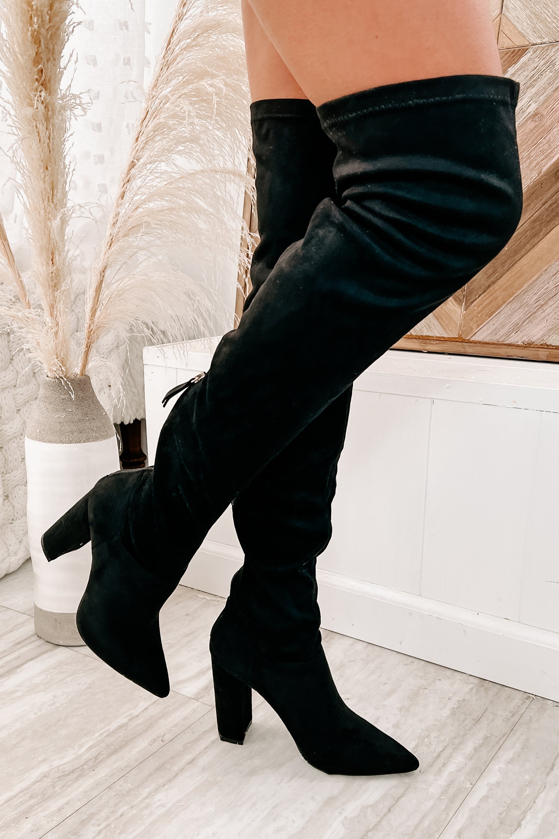 Sheila Faux Suede Over The Knee Boots (Black) – NanaMacs