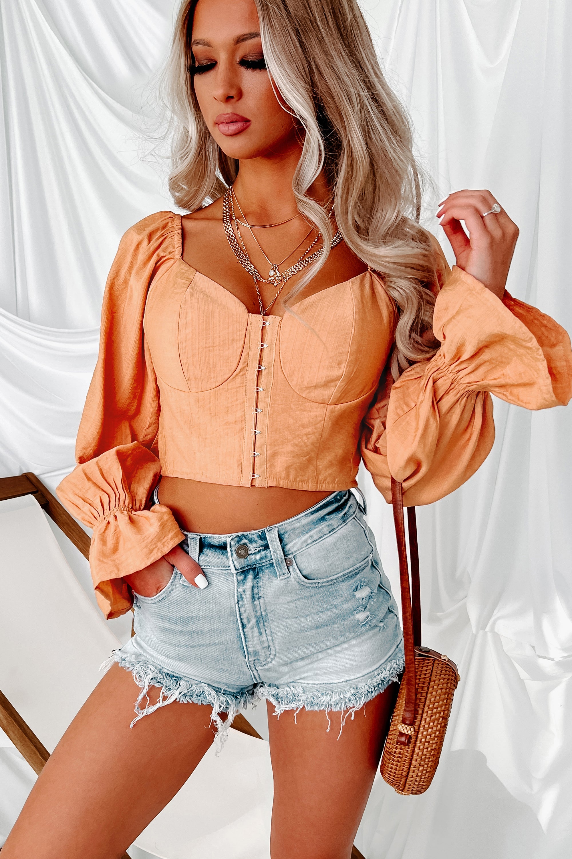 Steal Your Attention Hook Front Bustier Crop Top (Peach) - NanaMacs
