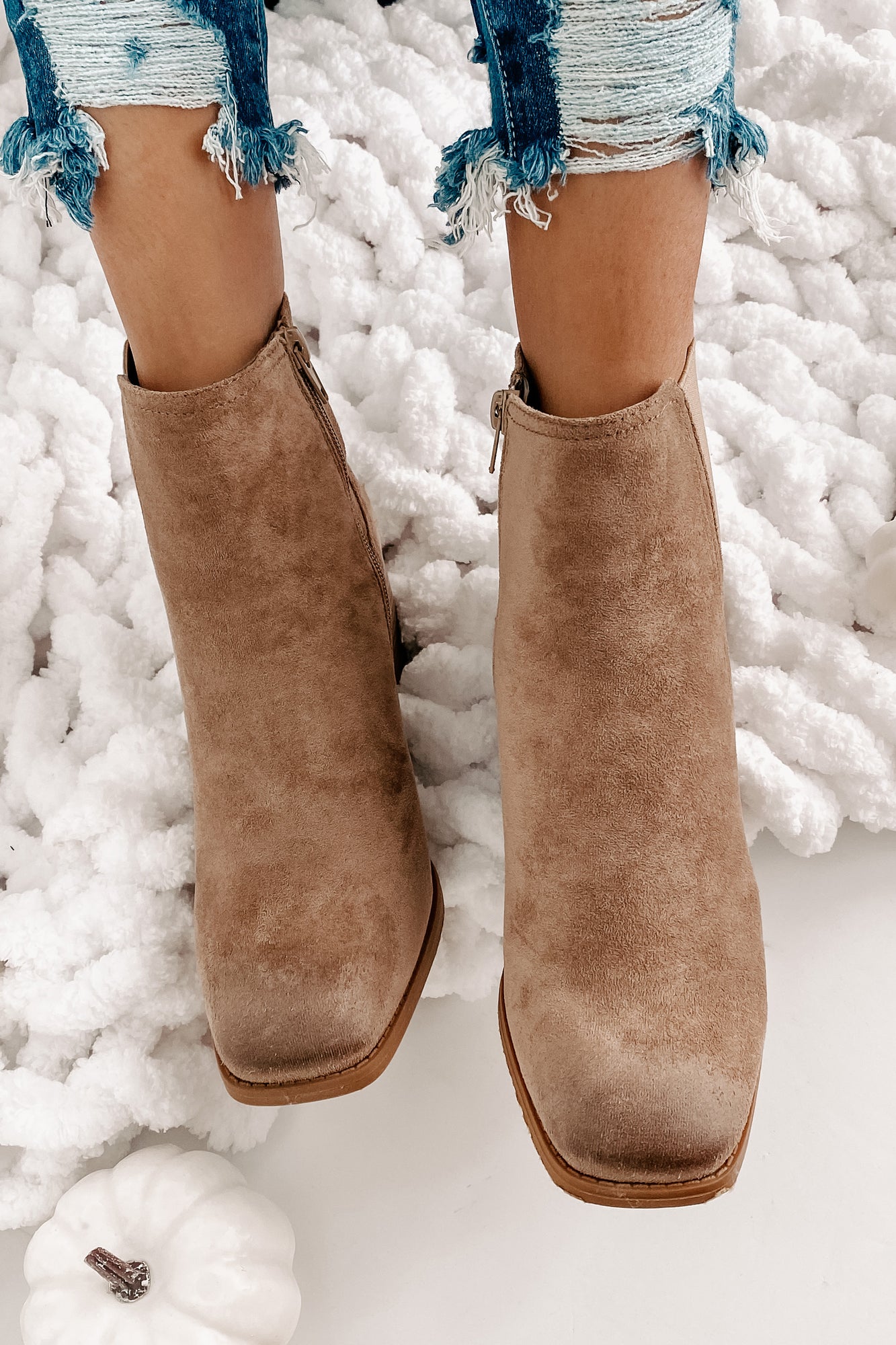 IMPERFECT Miss Popular Square Toed Faux Suede Booties (Taupe)