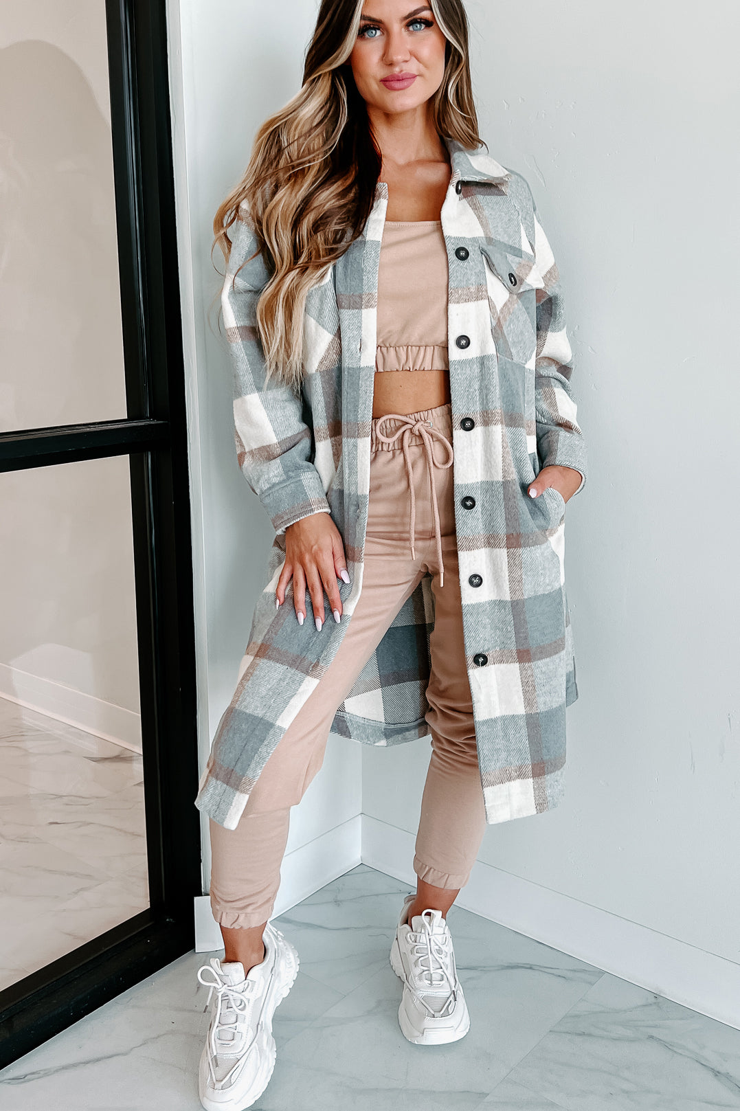 Room To Breathe Long Plaid Shacket (Grey)